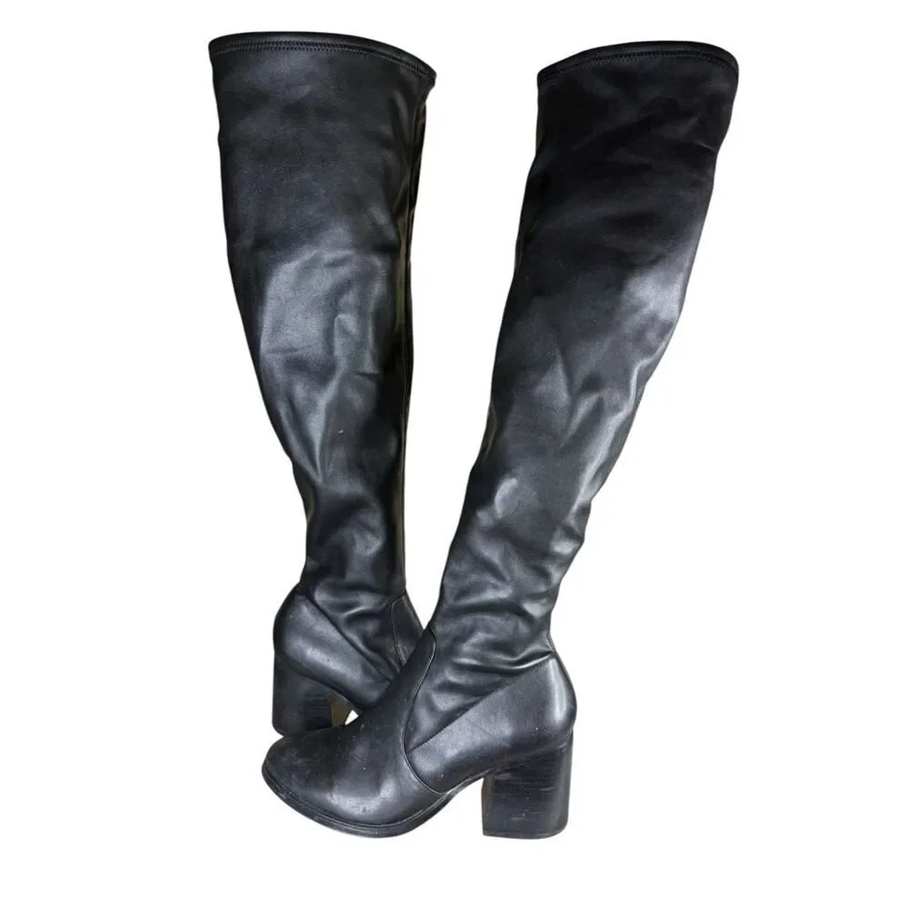 Steve Madden Black Faux Leather Over The Knee Stretch Sock Boots Size 10